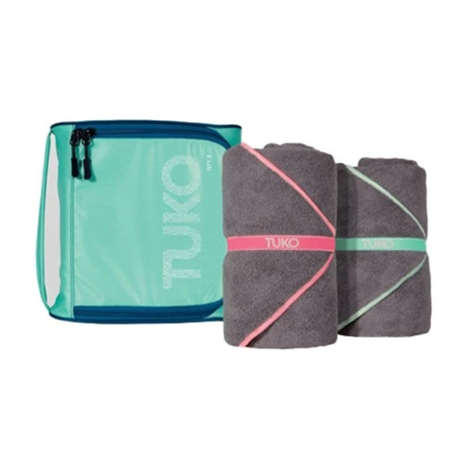 TUKO two-pack beach towels with turquoise carrying case