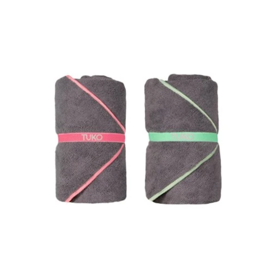 Two gray TUKO towels with pink and mint trim