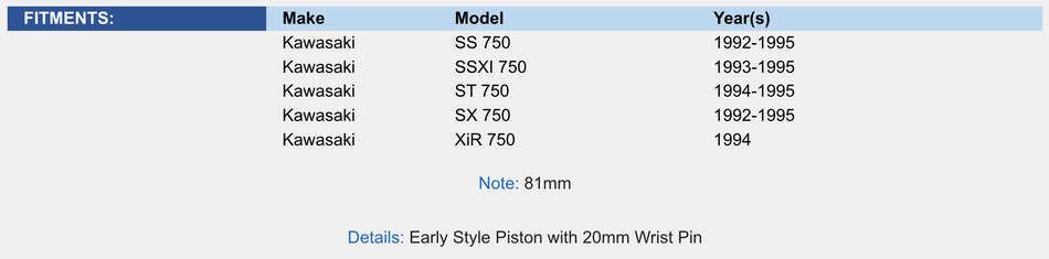 Piston Kit; Kawasaki 750 92-95 1mm Over Platinum