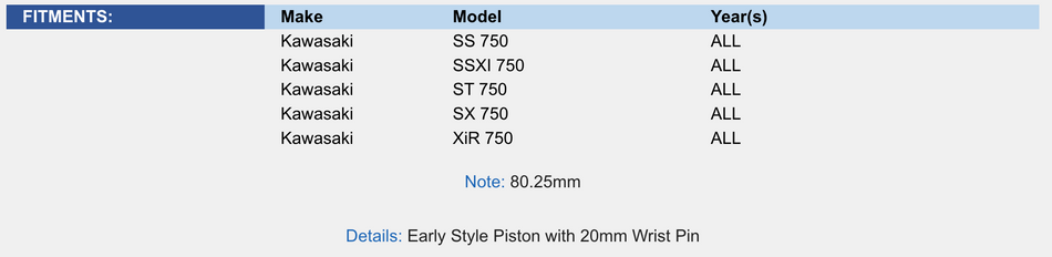 Piston Kit; Kawasaki 750 92-95 .25mm Over Platinum